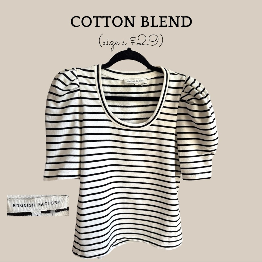 English Factory White and Black Striped Puff Sleeve Tee
